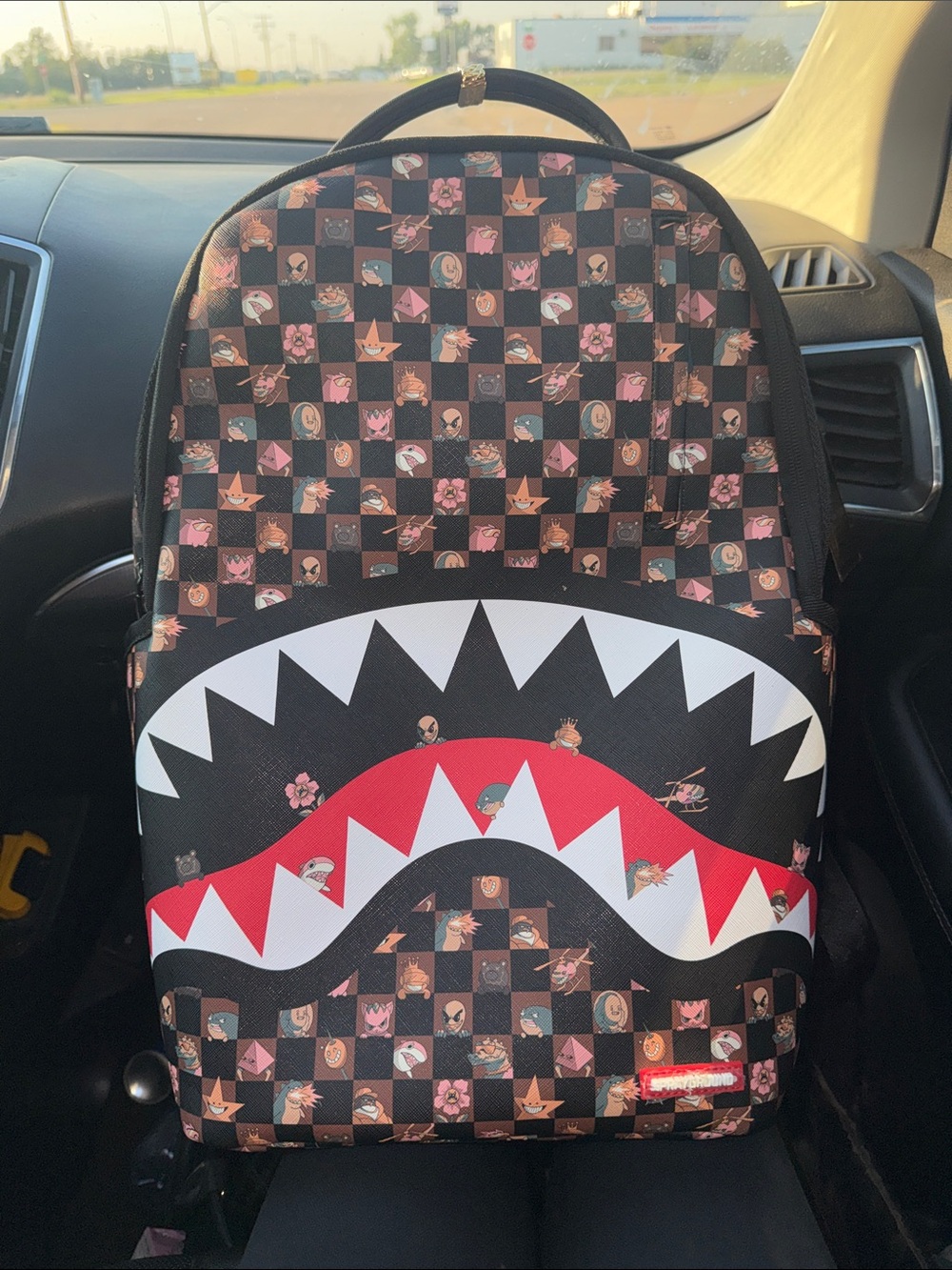 Sprayground Black Red Pink Shark-Mouth Checkerboard Kids Backpack